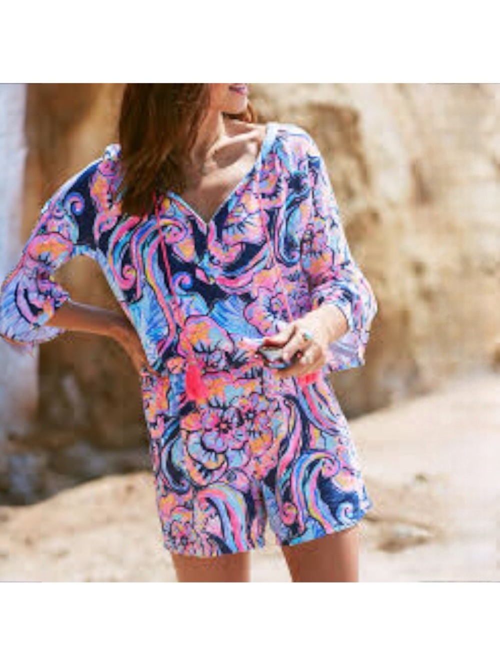 Lilly Pulitzer Del Lago Romper Nauti Navy Boho Bateau colorful floral Sz M